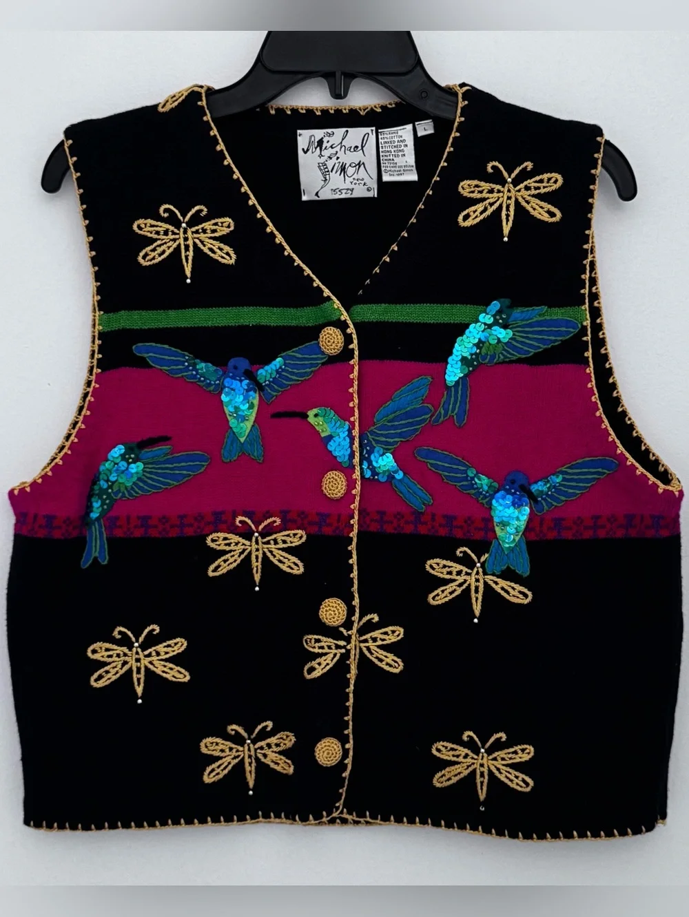 Michael Simon Black Vest with Blue Sequin Hummingbirds & dragonflies vintage - Picture 1 of 9